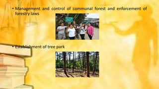 • Management and control of communal forest and enforcement of
forestry laws
• Establishment of tree park
 
