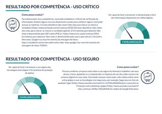 RESULTADO POR COMPETÊNCIA - USO CRÍTICO
Como posso evoluir?
Para desenvolver essa competência, você pode estabelecer critérios de verificação de
informações. Existem alguns recursos disponíveis na web, para conhecer alguns, você pode
acessar as matérias: 1) Como identificar fake news? Oito sites para checar se notícia é
verdadeira (https://www.techtudo.com.br/noticias/2018/10/como-identificar-fake-news-
oito-sites-para-checar-se-noticia-e-verdadeira.ghtml), 2) Ferramenta para detectar fake
news é desenvolvida pela USP e pela UFSCar ( https://www.icmc.usp.br/noticias/3956-
ferramenta-para-detectar-fake-news-e-desenvolvida-pela-usp-e-pela-ufscar) e 3) Contra
fake news, Google traz nova ferramenta de checagem de fatos (
https://canaltech.com.br/mercado/contra-fake-news-google-traz-nova-ferramenta-de-
checagem-de-fatos-91894/).
Ser capaz de fazer e promover a interpretação crítica
das informações disponíveis em mídias digitais.
FAMILIARIZAÇÃO
RESULTADO POR COMPETÊNCIA - USO SEGURO
Ser capaz de fazer e promover o uso seguro das
tecnologias (estratégias e ferramentas de proteção
de dados).
FAMILIARIZAÇÃO
Como posso evoluir?
Procure conhecer um pouco mais sobre o uso seguro da internet e trabalhar com seus
alunos o tema, ajudando-os a compreender os impactos do uso das redes sociais e do
universo digital em suas vidas. Você pode começar mostrando a eles vídeos sobre como
evitar golpes e usar as tecnologias com segurança, por exemplo, Segurança on-line em
qualquer lugar (https://www.youtube.com/watch?v=emT6ltx4OeE&feature=youtu.be) ou
Proteção contra phishing e golpes (https://www.youtube.com/watch?
time_continue=203&v=0Sis2KAeKsU), ambos da Google Education.
 