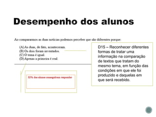 D15 – Reconhecer diferentes
formas de tratar uma
informação na comparação
de textos que tratam do
mesmo tema, em função das
condições em que ele foi
produzido e daquelas em
que será recebido.
 
