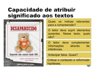 Quais os índices relevantes
para a compreensão?
O leitor deve suprir elementos
ausentes. Nesse texto, quais
são?
O leitor deve complementar
informações através de
inferências.
Antecipar fatos. Quais?
Criticar o conteúdo e reformular
hipóteses.
 