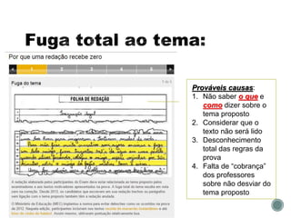 Prováveis causas:
1. Não saber o que e
como dizer sobre o
tema proposto
2. Considerar que o
texto não será lido
3. Desconhecimento
total das regras da
prova
4. Falta de “cobrança”
dos professores
sobre não desviar do
tema proposto
 