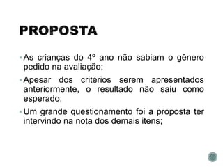 As crianças do 4º ano não sabiam o gênero
pedido na avaliação;
Apesar dos critérios serem apresentados
anteriormente, o resultado não saiu como
esperado;
Um grande questionamento foi a proposta ter
intervindo na nota dos demais itens;
 