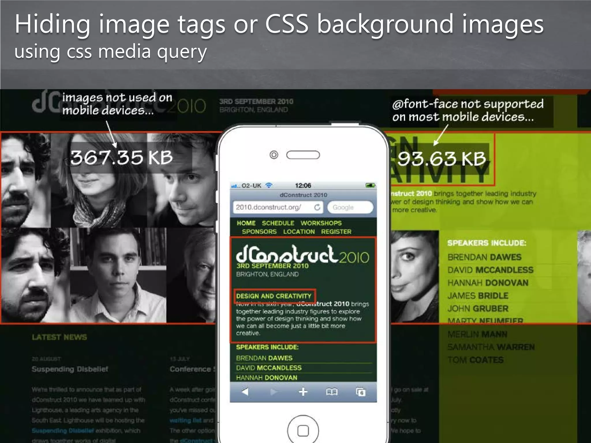Hiding image tags or CSS background images
using css media query
 