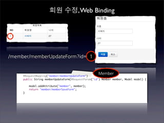 회원 수정, Web Binding




/member/memberUpdateForm?id= 1


                                                       Member
   	   @RequestMapping("member/memberUpdateForm")
   	   public String memberUpdateForm(@RequestParam("id") Member member, Model model) {

   	   	   model.addAttribute("member", member);
   	   	   return "member/memberSaveForm";
   	   }
 