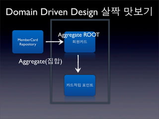 Domain Driven Design 살짝 맛보기

                Aggregate ROOT
  MemberCard
                    회원카드
   Repository



  Aggregate(집합)


                  카드적립 포인트
 