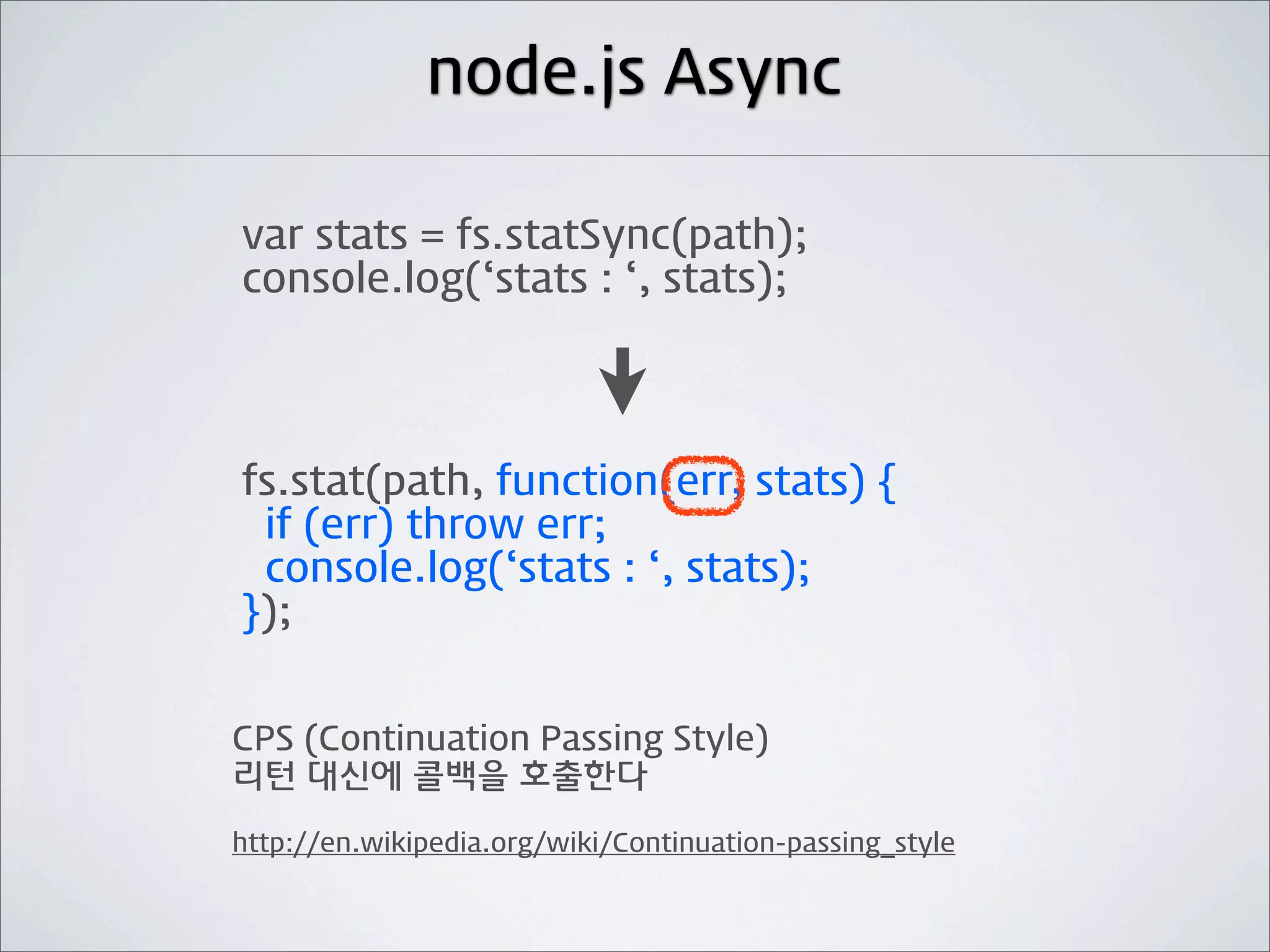 node.js Async

var stats = fs.statSync(path);
console.log(‘stats : ‘, stats);




fs.stat(path, function(err, stats) {
 if (err) throw err;
 console.log(‘stats : ‘, stats);
});


CPS (Continuation Passing Style)
리턴 대신에 콜백을 호출한다

http://en.wikipedia.org/wiki/Continuation-passing_style
 