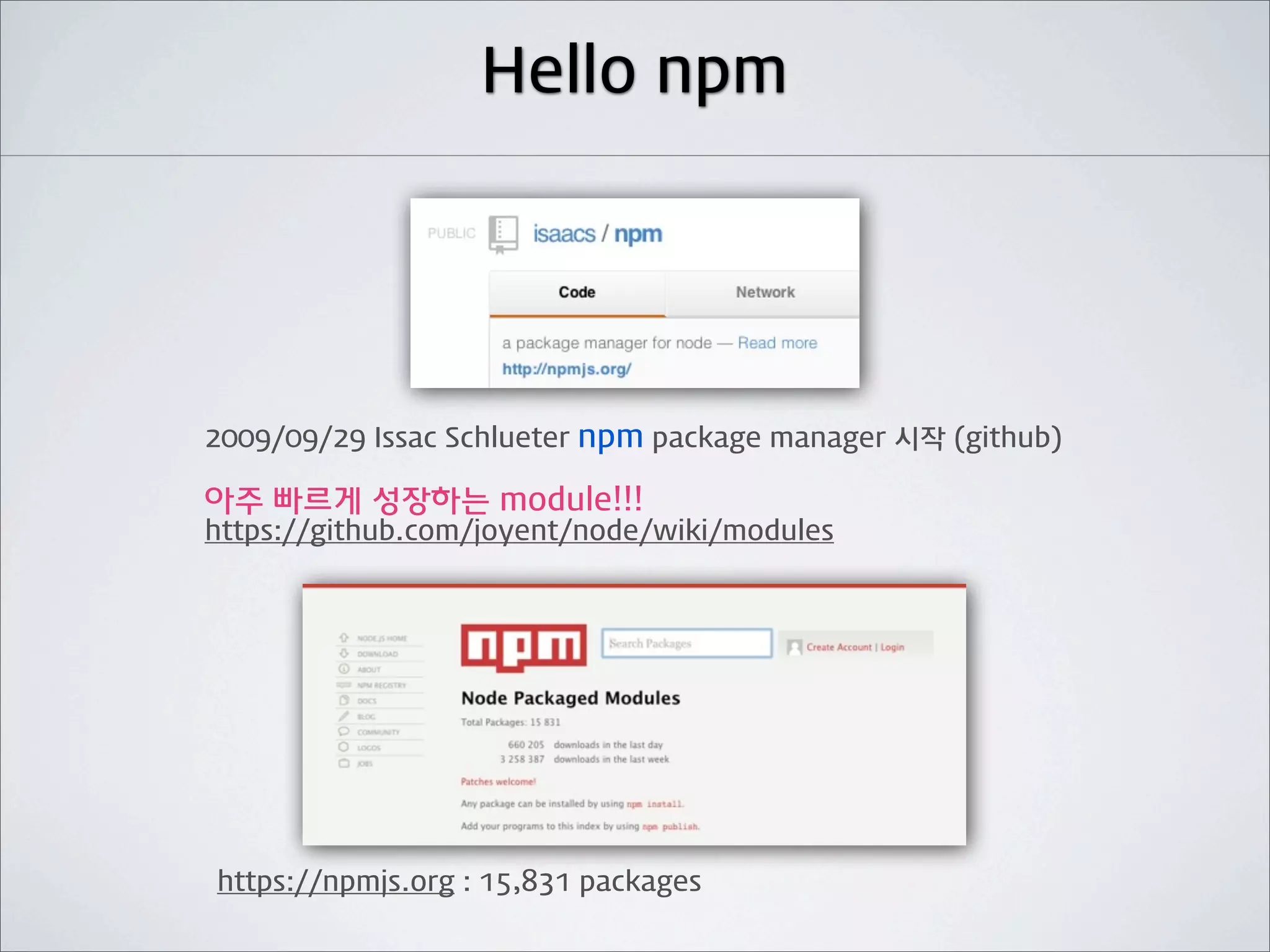 Hello npm




2009/09/29 Issac Schlueter npm package manager 시작 (github)

아주 빠르게 성장하는 module!!!
https://github.com/joyent/node/wiki/modules




https://npmjs.org : 15,831 packages
 