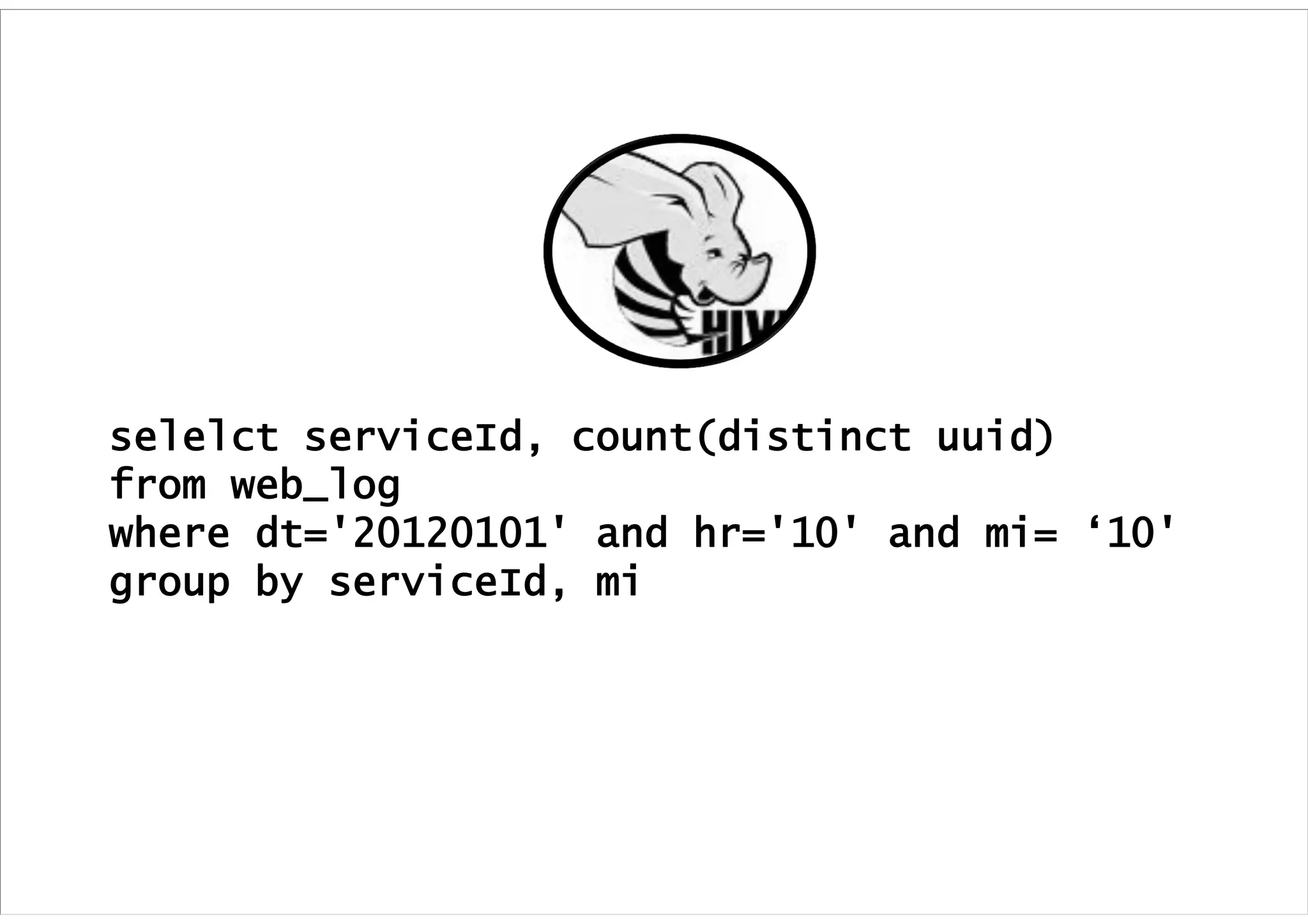 selelct serviceId, count(distinct uuid)
from web_log
where dt='20120101' and hr='10' and mi= ‘10'
group by serviceId, mi
 