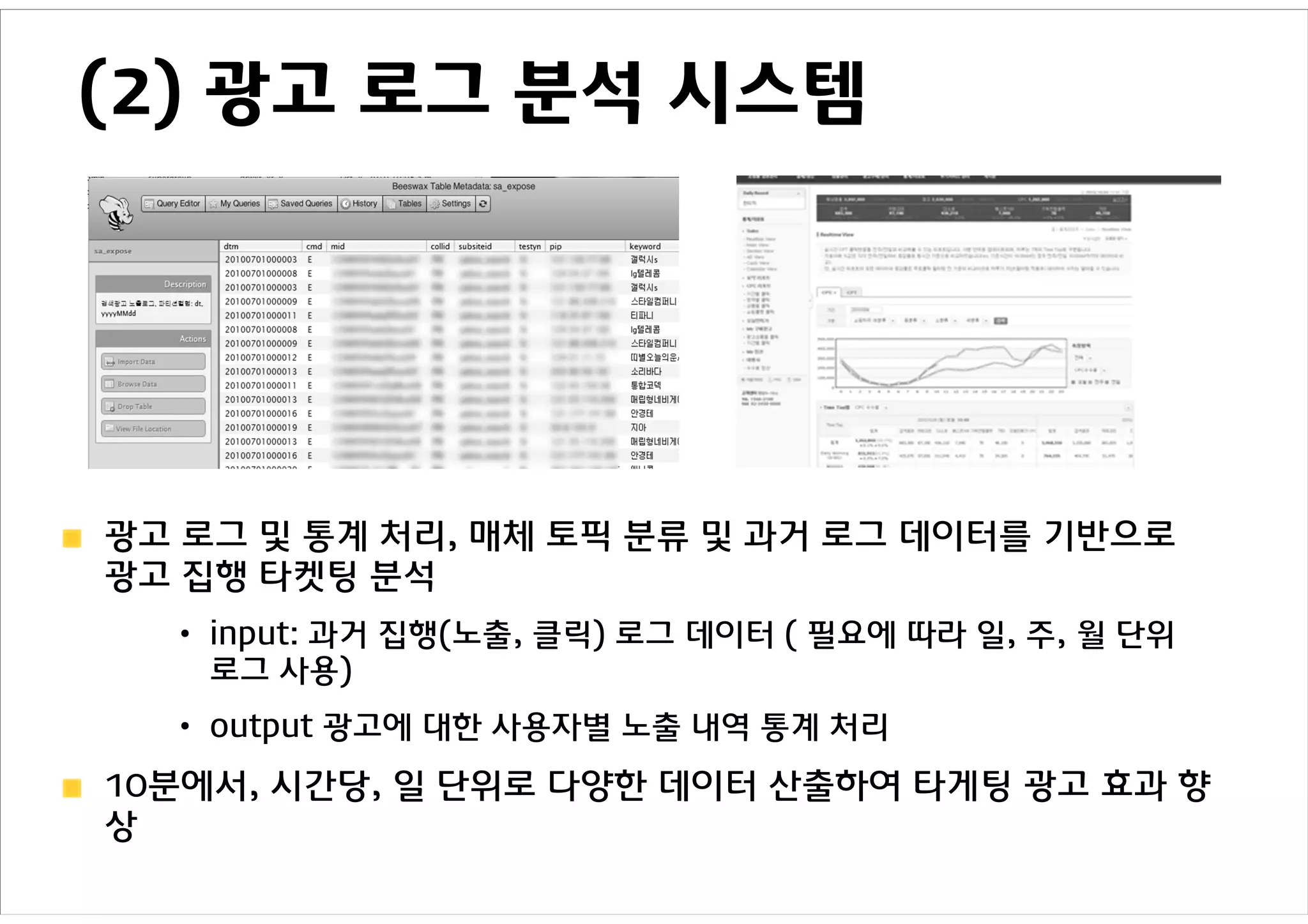 (2) 광고 로그 분석 시스템




광고 로그 및 통계 처리, 매체 토픽 분류 및 과거 로그 데이터를 기반으로
광고 집행 타켓팅 분석
  • input: 과거 집행(노출, 클릭) 로그 데이터 ( 필요에 따라 일, 주, 월 단위
    로그 사용)
  • output 광고에 대한 사용자별 노출 내역 통계 처리
10분에서, 시간당, 일 단위로 다양한 데이터 산출하여 타게팅 광고 효과 향
상
 