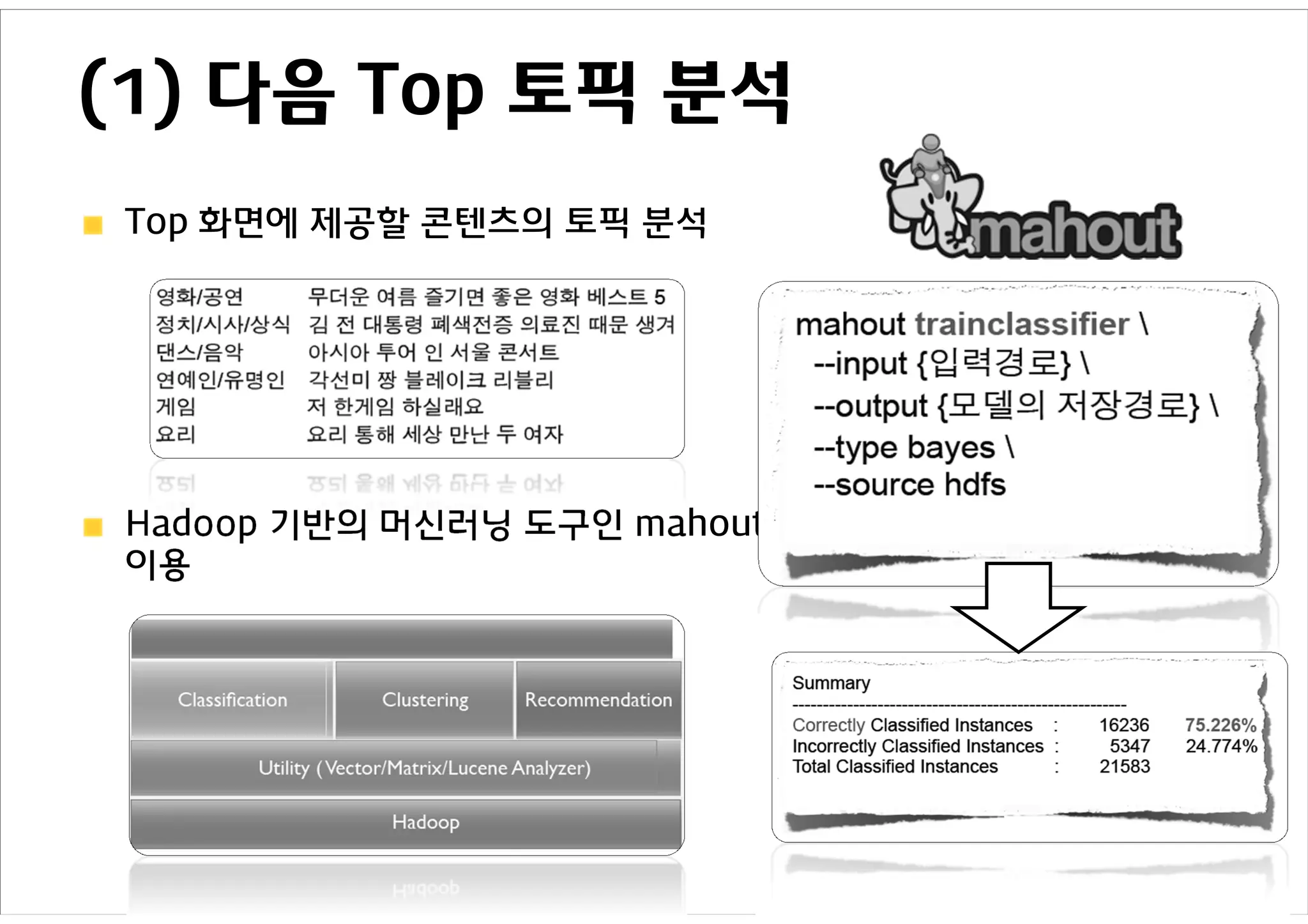 (1) 다음 Top 토픽 분석
 Top 화면에 제공할 콘텐츠의 토픽 분석




 Hadoop 기반의 머신러닝 도구인 mahout
 이용
 