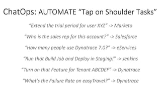 ChatOps: AUTOMATE “Tap on Shoulder Tasks”
“Extend the trial period for user XYZ” -> Marketo
“Who is the sales rep for this account?” -> Salesforce
“How many people use Dynatrace 7.0?” -> eServices
“Run that Build Job and Deploy in Staging!” -> Jenkins
“Turn on that Feature for Tenant ABCDEF” -> Dynatrace
“What’s the Failure Rate on easyTravel?” -> Dynatrace
 