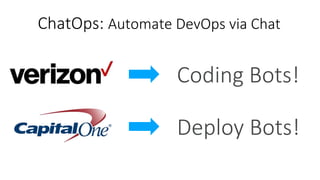 ChatOps: Automate DevOps via Chat
Coding Bots!
Deploy Bots!
 