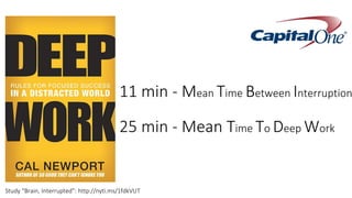 11 min - Mean Time Between Interruption
25 min - Mean Time To Deep Work
Study “Brain, Interrupted”: http://nyti.ms/1fdkVUT
 