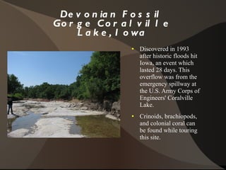 Devonian Fossil Gorge Coralville Lake, Iowa Discovered in 1993 after historic floods hit Iowa, an event which lasted 28 days. This overflow was from the emergency spillway at the U.S. Army Corps of Engineers' Coralville Lake. Crinoids, brachiopods,  and colonial coral can be found while touring this site.  