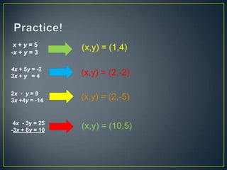 x+y=5
-x + y = 3
                (x,y) = (1,4)

4x + 5y = -2
3x + y = 4      (x,y) = (2,-2)

2x - y = 9
3x +4y = -14    (x,y) = (2,-5)

 4x - 3y = 25
-3x + 8y = 10
                (x,y) = (10,5)
 