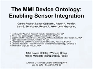 The MMI Device Ontology:
Enabling Sensor Integration
        Carlos Rueda1, Nancy Galbraith2, Robert A. Morris3,
        Luis E. Bermudez4, Robert A. Arko5, John Graybeal6,

1 Monterey Bay Aquarium Research Institute, Moss Landing, CA, USA
2 Woods Hole Oceanographic Institution, Woods Hole, MA, USA
3 Department of Computer Science, University of Massachusetts at Boston, Boston, MA, USA
4 Open Geospatial Consortium, Herndon, VA, USA
5 Lamont-Doherty Earth Observatory, Columbia University, Palisades, NY, USA
6 California Institute for Telecommunications and Information Technology, University of
California San Diego, La Jolla, CA, USA



                  MMI Device Ontology Working Group
                 Marine Metadata Interoperability Project

                   American Geophysical Union Fall Meeting 2010
                                                                                 1
                         Dec 16, 2010 – Session: IN44B-08
 