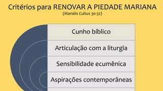 Critérios para RENOVAR A PIEDADE MARIANA
(Marialis Cultus 30-32)
Cunho bíblico
Articulação com a liturgia
Sensibilidade ecumênica
Aspirações contemporâneas
 