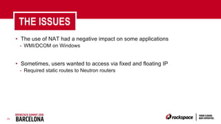 24
THE ISSUES
• The use of NAT had a negative impact on some applications
- WMI/DCOM on Windows
• Sometimes, users wanted to access via fixed and floating IP
- Required static routes to Neutron routers
 
