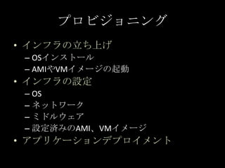 プロビジョニング<br />インフラの立ち上げ<br />OSインストール<br />AMIやVMイメージの起動<br />インフラの設定<br />OS<br />ネットワーク<br />ミドルウェア<br />設定済みのAMI、VMイメージ...
