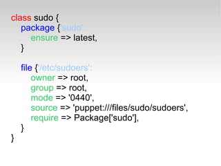 class sudo {
   package {'sudo':
     ensure => latest,
   }

    file {'/etc/sudoers':
        owner => root,
        group => root,
        mode => '0440',
        source => 'puppet:///files/sudo/sudoers',
        require => Package['sudo'],
    }
}
 