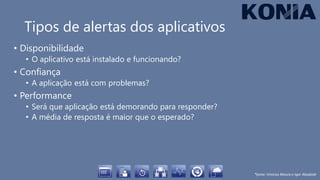 Tipos de alertas dos aplicativos
• Disponibilidade
• O aplicativo está instalado e funcionando?
• Confiança
• A aplicação está com problemas?
• Performance
• Será que aplicação está demorando para responder?
• A média de resposta é maior que o esperado?
 