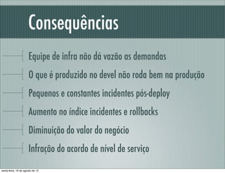 Consequências
Equipe de infra não dá vazão as demandas
O que é produzido no devel não roda bem na produção
Pequenos e constantes incidentes pós-deploy
Aumento no índice incidentes e rollbacks
Diminuição do valor do negócio
Infração do acordo de nível de serviço
sexta-feira, 16 de agosto de 13
 
