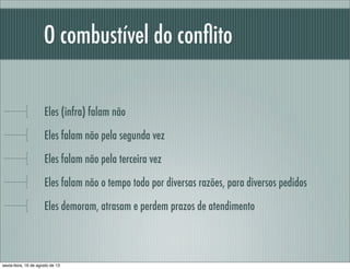 O combustível do conﬂito
Eles (infra) falam não
Eles falam não pela segunda vez
Eles falam não pela terceira vez
Eles falam não o tempo todo por diversas razões, para diversos pedidos
Eles demoram, atrasam e perdem prazos de atendimento
sexta-feira, 16 de agosto de 13
 