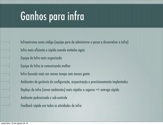 Ganhos para infra
Infraestrutua como código (equipe para de administrar e passa a desenvolver a infra)
Infra mais eﬁciente e rápida usando métodos ágeis
Equipe de Infra mais organizada
Equipe de Infra se comunicando melhor
Infra fazendo mais em menos tempo com menos gente
Ambientes de gerência de conﬁguração, orquestração e provisionamento implantados
Deploys de infra (novos ambientes) mais rápidos e seguros => entrega rápida
Ambiente padronizado e sob-controle
Feedback rápido em todas as atividades de infra
sexta-feira, 16 de agosto de 13
 