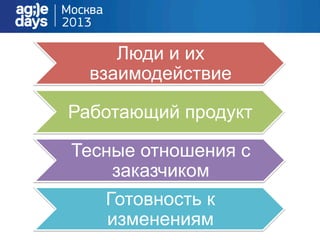 Люди и их
взаимодействие
Работающий продукт
Тесные отношения с
заказчиком
Готовность к
изменениям
 