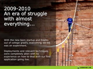 With the new born startup and freshly
out of college grad’s, everything we did
was an experiment.
Deployments and relevant techniques
were completely alien with no
experience on how to deal with our first
application going live.

 