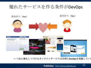 優れたサービスを作る条件がDevOps
運用担当（Ops）

開発担当（Dev）

＝ つねに進化しつづけるオンラインサービスは自然にDevOpsを実践している

Publickey

http://www.publickey.jp/

11

 