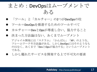 まとめ：DevOpsはムーブメントで
ある


「ツール」と「カルチャー」の2つがDevOpsの柱



ツール＝DevOpsを推進するためのツールすべて



カルチャー＝DevとOpsが尊重し合い、協力すること



決まった方法論はない。あくまでムーブメント
アジャイル開発には「スクラム」「かんばん」「XP」のような、
フレームワークや方法論がある。しかしDevOpsにはそのようなも
のはなく、あくまで「DevとOpsが協力する」というムーブメント
である。



しかし優れたサービスを開発する上で不可欠の要素

Publickey

http://www.publickey.jp/

17

 