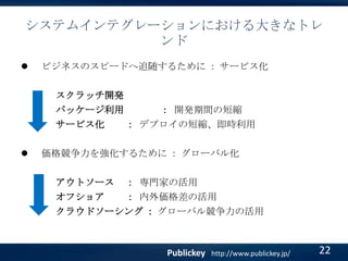 システムインテグレーションにおける大きなトレ
ンド


ビジネスのスピードへ追随するために ： サービス化
スクラッチ開発
パッケージ利用
： 開発期間の短縮
サービス化
： デプロイの短縮、即時利用



価格競争力を強化するために ： グローバル化
アウトソース ： 専門家の活用
オフショア
： 内外価格差の活用
クラウドソーシング ： グローバル競争力の活用

Publickey

http://www.publickey.jp/

22

 