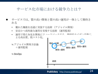 サービス化市場における競争力とは？


サービスでは、質の高い開発と質の高い運用が一体として期待さ
れる
•
•

優れた機能を迅速に実装する技術 （アジャイル開発）
安定かつ高性能な運用を実現する技術 （運用監視）

•

運用で得た知見を開発にフィードバックする。継続的カイゼン活動に
よる高品質、低コスト化。

≒ アジャイル開発方法論
＋運用監視
≒ DevOps

Publickey

http://www.publickey.jp/

24

 