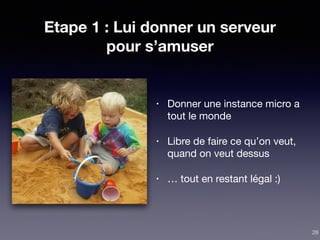 Etape 1 : Lui donner un serveur
pour s’amuser
• Donner une instance micro a
tout le monde

• Libre de faire ce qu’on veut,
quand on veut dessus

• … tout en restant légal :)
28
 