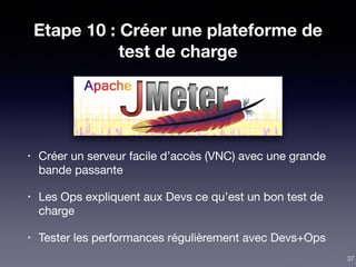 Etape 10 : Créer une plateforme de
test de charge
• Créer un serveur facile d’accès (VNC) avec une grande
bande passante

• Les Ops expliquent aux Devs ce qu’est un bon test de
charge

• Tester les performances régulièrement avec Devs+Ops
37
 