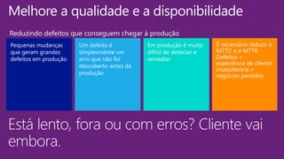 Um defeito é
simplesmente um
erro que não foi
descoberto antes da
produção
Em produção é muito
difícil de detectar e
remediar
É necessário reduzir o
MTTD e o MTTR
Defeitos =
experiência de cliente
insatisfatória =
negócios perdidos
Pequenas mudanças
que geram grandes
defeitos em produção
Melhore a qualidade e a disponibilidade
Reduzindo defeitos que conseguem chegar à produção
Está lento, fora ou com erros? Cliente vai
embora.
 