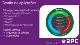 Gestão de aplicações
Estratégias para projetos de software
Governança de Aplicações
Alocação de TI
DeVOps
Nuvem
Modernização de Aplicações
Suporte contínuo
 Arquitetura de software
 Aceleradores
DevPrime ®
 