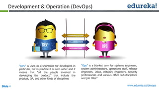 Slide 4 www.edureka.co/devops
Development & Operation (DevOps)
“Dev” is used as a shorthand for developers in
particular, but in practice it is even wider and it
means that “all the people involved in
developing the product,” that include the
product, QA, and other kinds of disciplines
“Ops” is a blanket term for systems engineers,
system administrators, operations staff, release
engineers, DBAs, network engineers, security
professionals and various other sub-disciplines
and job titles”
 