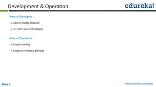 Slide 6 www.edureka.co/devops
Roles of Developers :
 Add or modify features
 Try with new technologies
Roles of Operations :
 Create stability
 Create or enhance services
Development & Operation
 