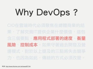 來源: http://www.ithome.com.tw/news/87144
Why DevOps ?
CIO在雲端時代必須聚焦在總體商業的結
果，了解究竟IT提供企業什麼價值，這包
含三個要點，應用程式部署的速度、衡量
風險、控制成本。如果守著過去開發及營
運模式，對於以上提及的三點將失去競爭
力，也因為如此，傳統的方式必須改變。
 