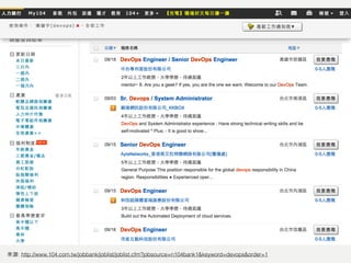 來源: http://www.104.com.tw/jobbank/joblist/joblist.cfm?jobsource=n104bank1&keyword=devops&order=1
 