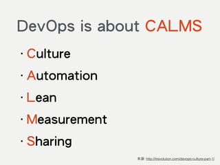 DevOps is about CALMS
‧Culture
‧Automation
‧Lean
‧Measurement
‧Sharing
來源: http://itrevolution.com/devops-culture-part-1/
 
