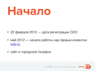Надежные решения для сложной инфраструктуры
Начало
• 22 февраля 2012 — дата регистрации ООО
• май 2012 — начало работы над первым клиентом
tulp.ru
• сайт и городской телефон
 