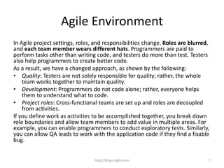 Agile Environment
In Agile project settings, roles, and responsibilities change. Roles are blurred,
and each team member wears different hats. Programmers are paid to
perform tasks other than writing code, and testers do more than test. Testers
also help programmers to create better code.
As a result, we have a changed approach, as shown by the following:
• Quality: Testers are not solely responsible for quality; rather, the whole
team works together to maintain quality.
• Development: Programmers do not code alone; rather, everyone helps
them to understand what to code.
• Project roles: Cross-functional teams are set up and roles are decoupled
from activities.
If you define work as activities to be accomplished together, you break down
role boundaries and allow team members to add value in multiple areas. For
example, you can enable programmers to conduct exploratory tests. Similarly,
you can allow QA leads to work with the application code if they find a fixable
bug.
http://blogs.digits.com 7
 