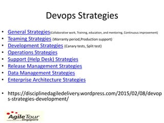 Devops Strategies
• General Strategies(Collaborative work, Training, education, and mentoring, Continuous improvement)
• Teaming Strategies (Warranty period,Production support)
• Development Strategies (Canary tests, Split test)
• Operations Strategies
• Support (Help Desk) Strategies
• Release Management Strategies
• Data Management Strategies
• Enterprise Architecture Strategies
• https://disciplinedagiledelivery.wordpress.com/2015/02/08/devop
s-strategies-development/
 