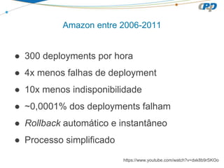 Amazon entre 2006-2011
● 300 deployments por hora
● 4x menos falhas de deployment
● 10x menos indisponibilidade
● ~0,0001% dos deployments falham
● Rollback automático e instantâneo
● Processo simplificado
https://www.youtube.com/watch?v=dxk8b9rSKOo
 