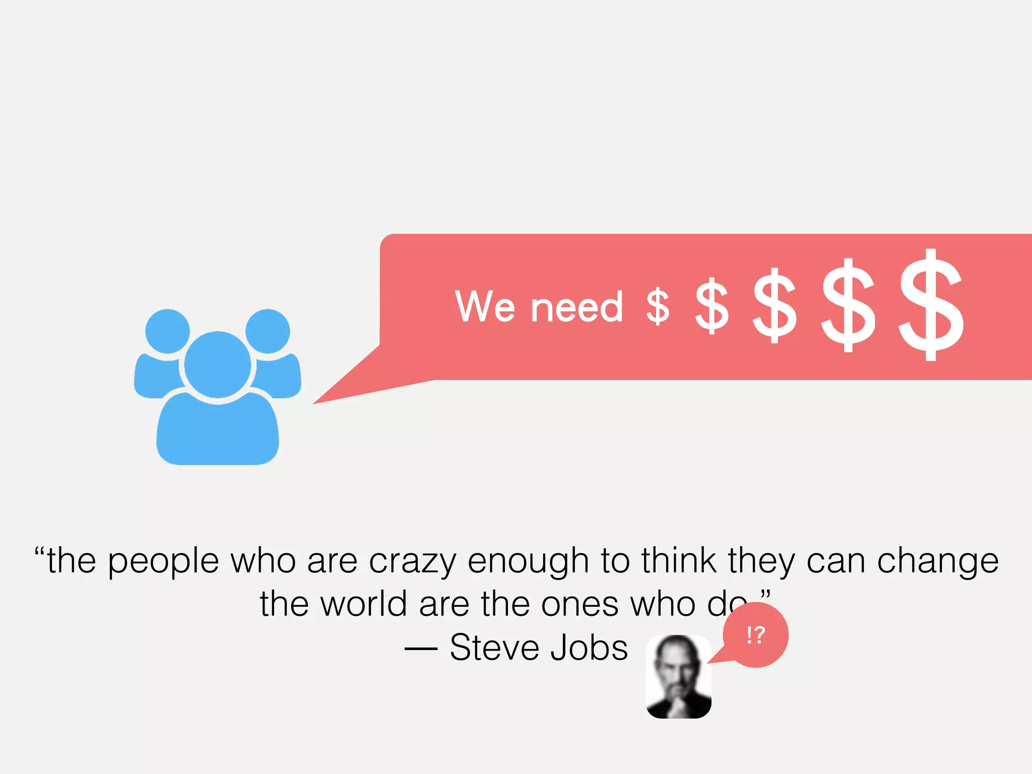 “the people who are crazy enough to think they can change
the world are the ones who do.”
― Steve Jobs
We need $ $ $ $$
!?
 