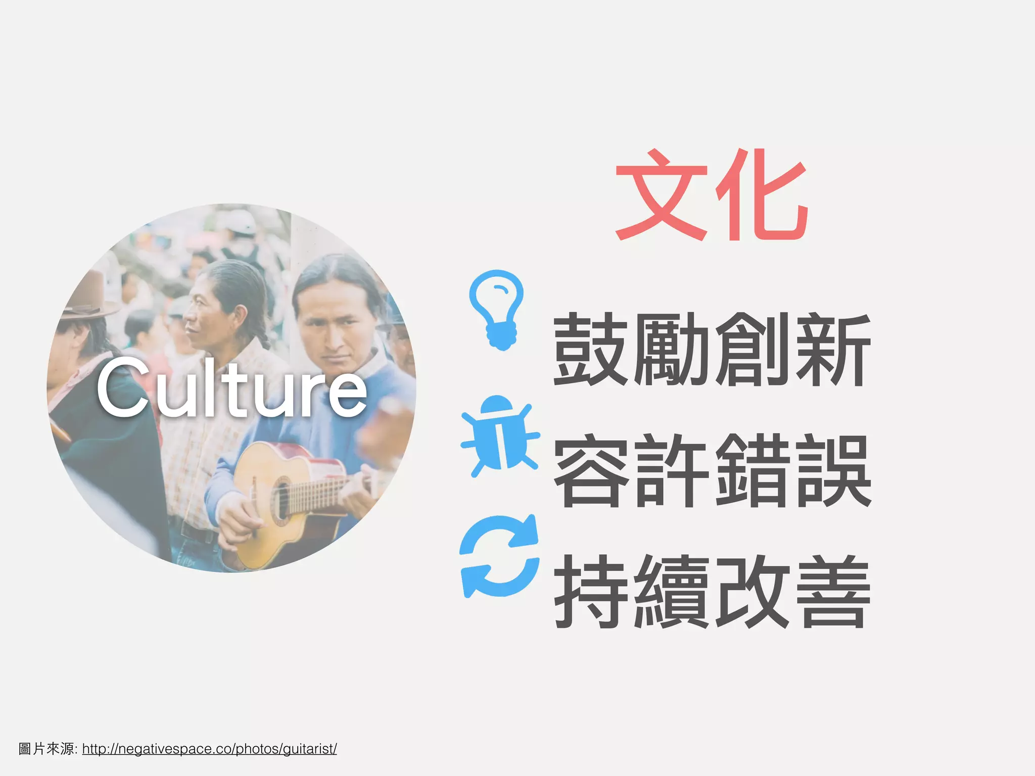 文化
Culture 鼓勵創新
容許錯誤
持續改善
圖⽚來源: http://negativespace.co/photos/guitarist/
 