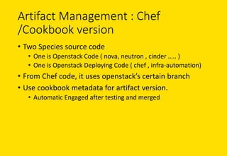 Artifact	Management	:	Chef	
/Cookbook	version
• Two	Species	source	code
• One	is	Openstack Code	(	nova,	neutron	,	cinder	…..	)
• One	is	Openstack	Deploying	Code	(	chef	,	infra-automation)
• From	Chef	code,	it	uses	openstack’s certain	branch
• Use	cookbook	metadata	for	artifact	version.	
• Automatic	Engaged	after	testing	and	merged
 